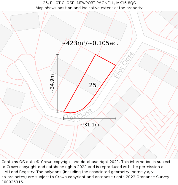 25, ELIOT CLOSE, NEWPORT PAGNELL, MK16 8QS: Plot and title map