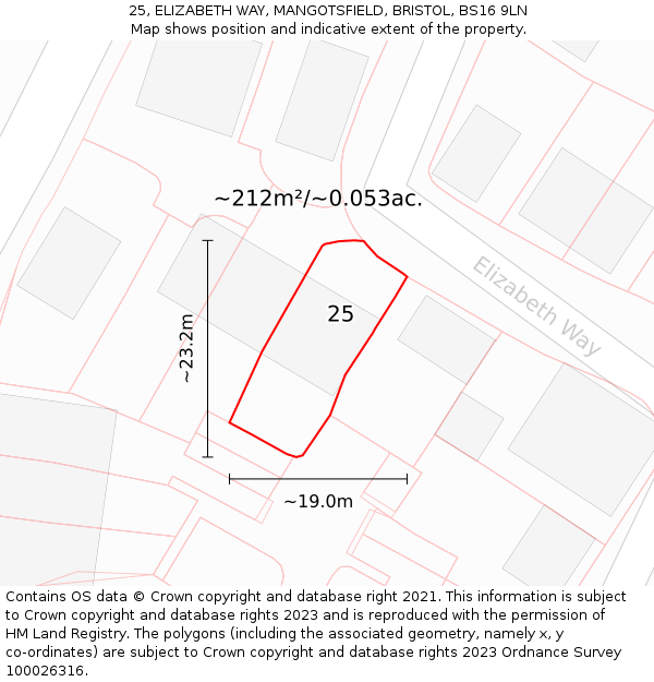 25, ELIZABETH WAY, MANGOTSFIELD, BRISTOL, BS16 9LN: Plot and title map