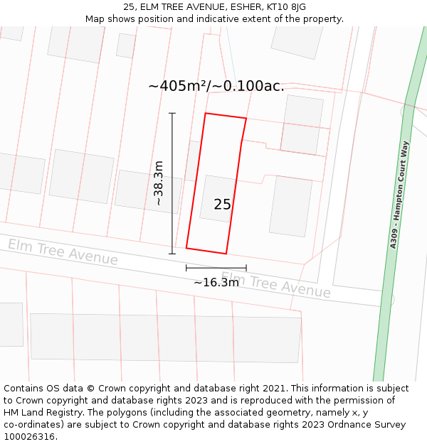 25, ELM TREE AVENUE, ESHER, KT10 8JG: Plot and title map
