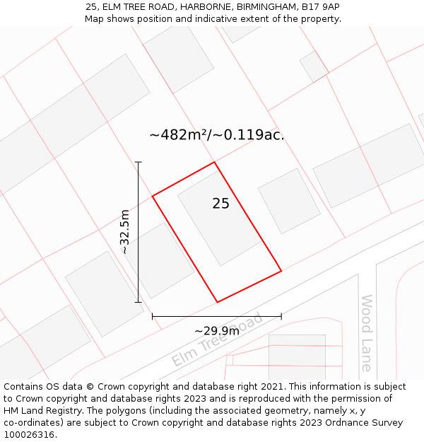 25, ELM TREE ROAD, HARBORNE, BIRMINGHAM, B17 9AP: Plot and title map