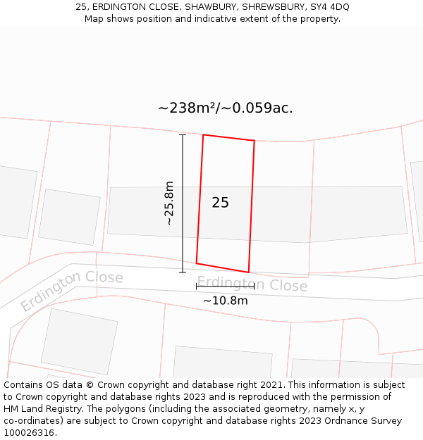 25, ERDINGTON CLOSE, SHAWBURY, SHREWSBURY, SY4 4DQ: Plot and title map