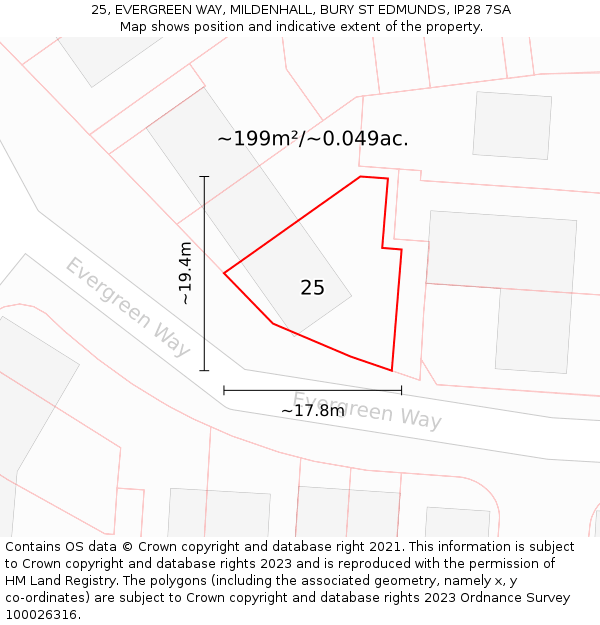 25, EVERGREEN WAY, MILDENHALL, BURY ST EDMUNDS, IP28 7SA: Plot and title map