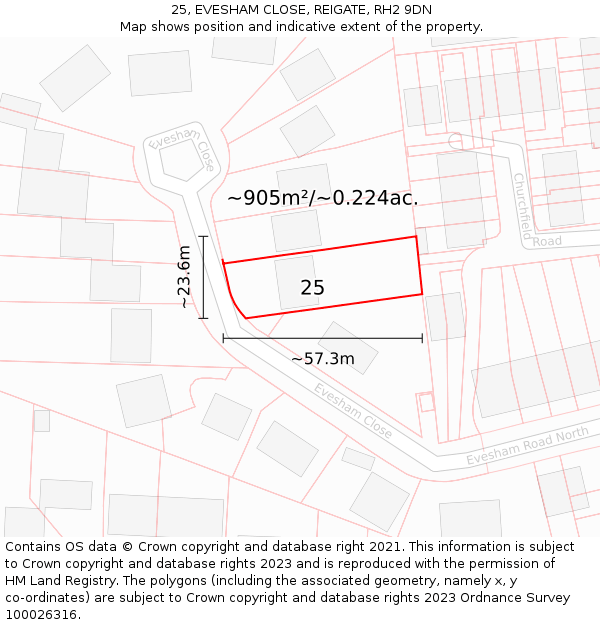 25, EVESHAM CLOSE, REIGATE, RH2 9DN: Plot and title map
