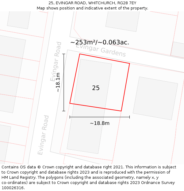 25, EVINGAR ROAD, WHITCHURCH, RG28 7EY: Plot and title map