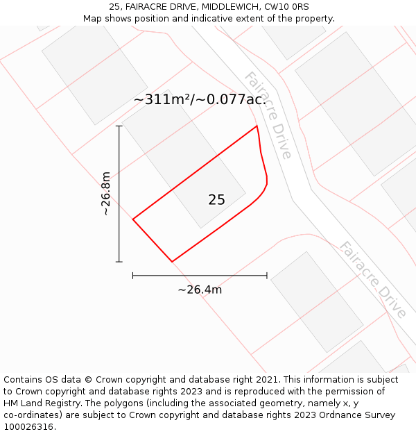 25, FAIRACRE DRIVE, MIDDLEWICH, CW10 0RS: Plot and title map