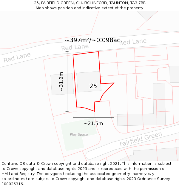25, FAIRFIELD GREEN, CHURCHINFORD, TAUNTON, TA3 7RR: Plot and title map