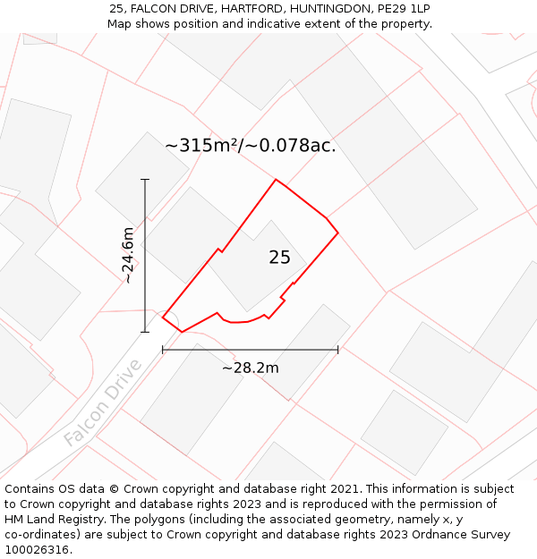 25, FALCON DRIVE, HARTFORD, HUNTINGDON, PE29 1LP: Plot and title map