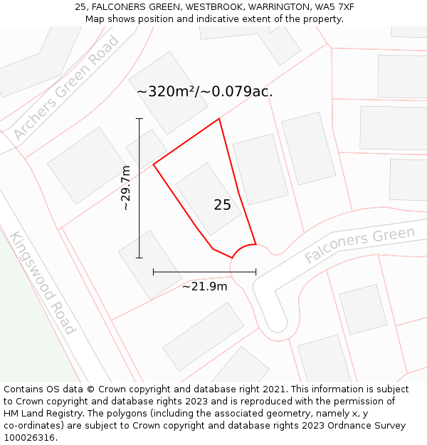 25, FALCONERS GREEN, WESTBROOK, WARRINGTON, WA5 7XF: Plot and title map