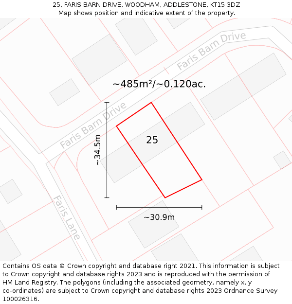 25, FARIS BARN DRIVE, WOODHAM, ADDLESTONE, KT15 3DZ: Plot and title map