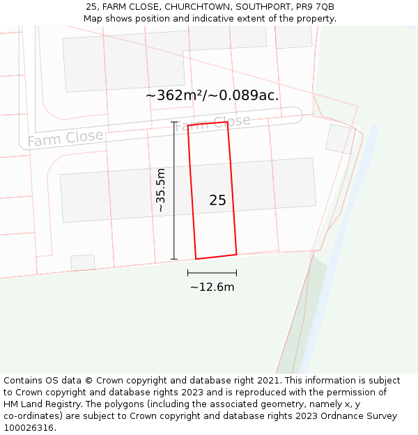 25, FARM CLOSE, CHURCHTOWN, SOUTHPORT, PR9 7QB: Plot and title map