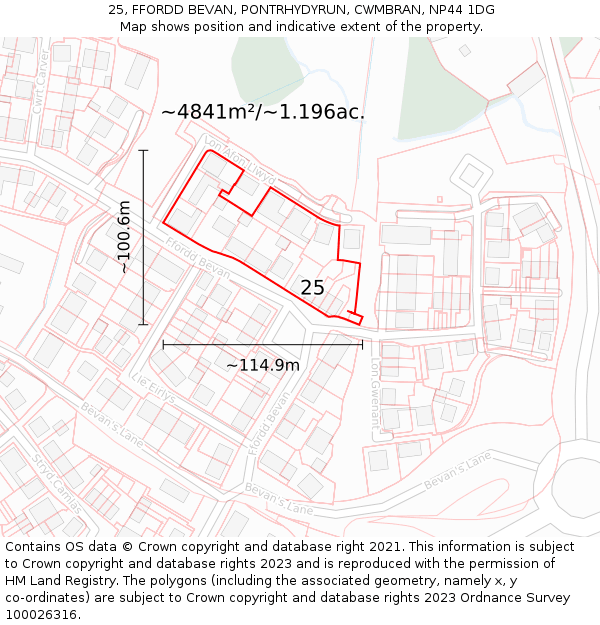 25, FFORDD BEVAN, PONTRHYDYRUN, CWMBRAN, NP44 1DG: Plot and title map