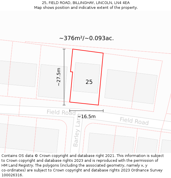 25, FIELD ROAD, BILLINGHAY, LINCOLN, LN4 4EA: Plot and title map