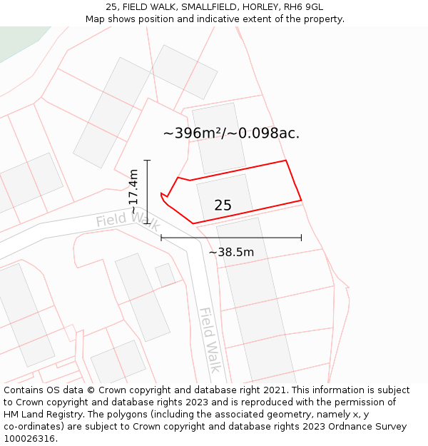 25, FIELD WALK, SMALLFIELD, HORLEY, RH6 9GL: Plot and title map