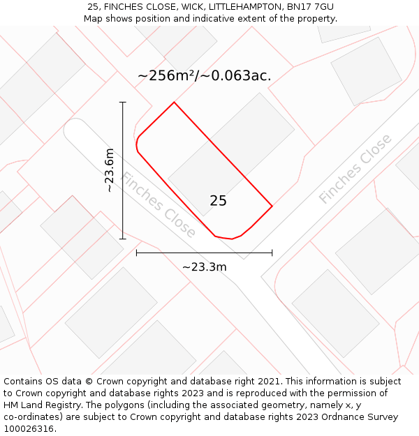 25, FINCHES CLOSE, WICK, LITTLEHAMPTON, BN17 7GU: Plot and title map