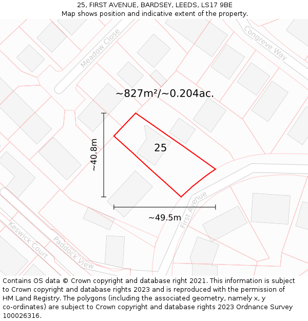 25, FIRST AVENUE, BARDSEY, LEEDS, LS17 9BE: Plot and title map