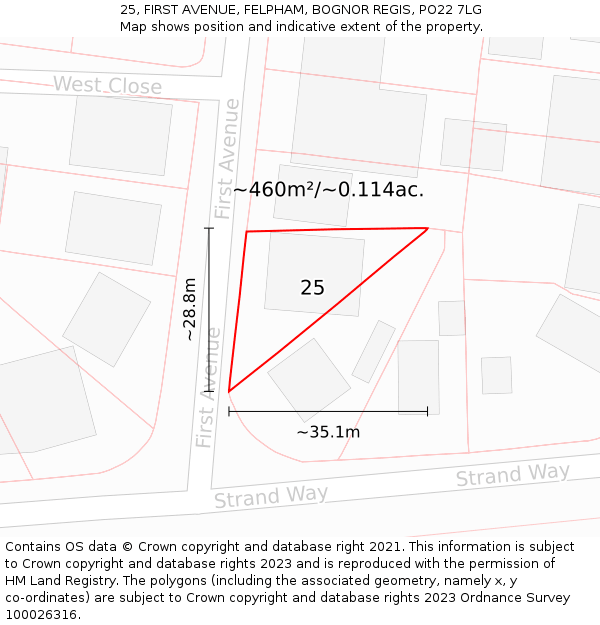 25, FIRST AVENUE, FELPHAM, BOGNOR REGIS, PO22 7LG: Plot and title map