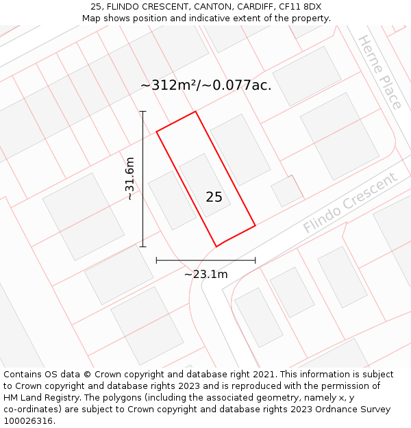 25, FLINDO CRESCENT, CANTON, CARDIFF, CF11 8DX: Plot and title map