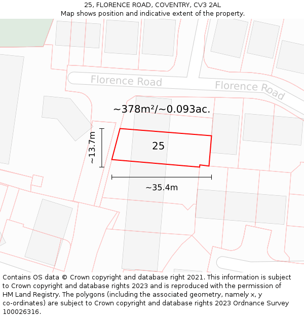 25, FLORENCE ROAD, COVENTRY, CV3 2AL: Plot and title map