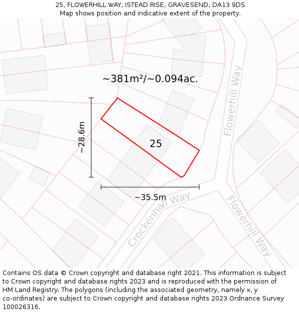 25, FLOWERHILL WAY, ISTEAD RISE, GRAVESEND, DA13 9DS: Plot and title map