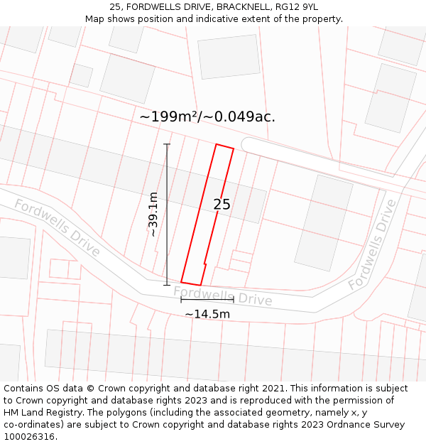 25, FORDWELLS DRIVE, BRACKNELL, RG12 9YL: Plot and title map
