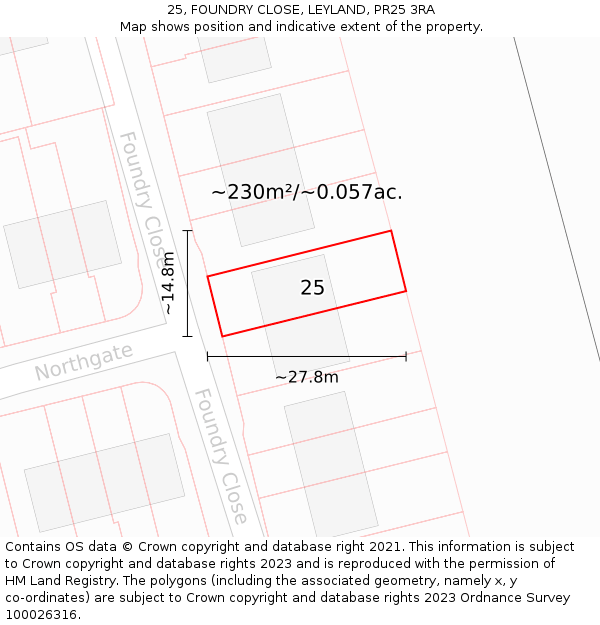 25, FOUNDRY CLOSE, LEYLAND, PR25 3RA: Plot and title map
