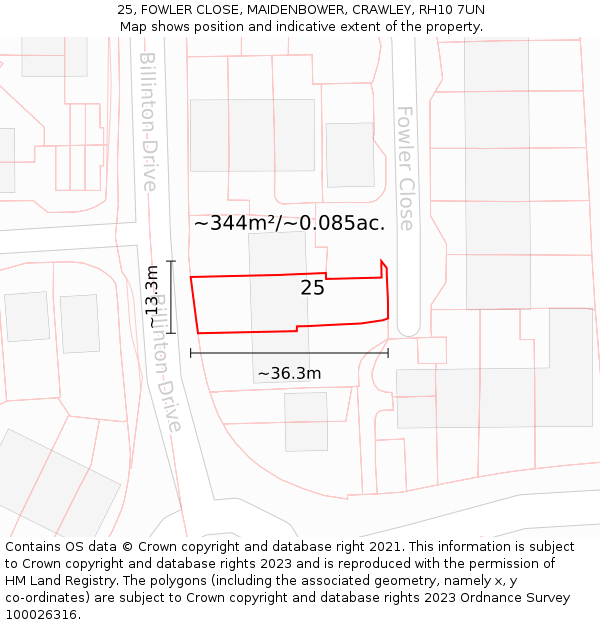 25, FOWLER CLOSE, MAIDENBOWER, CRAWLEY, RH10 7UN: Plot and title map