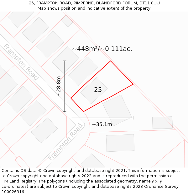 25, FRAMPTON ROAD, PIMPERNE, BLANDFORD FORUM, DT11 8UU: Plot and title map