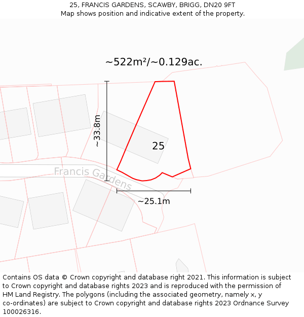 25, FRANCIS GARDENS, SCAWBY, BRIGG, DN20 9FT: Plot and title map