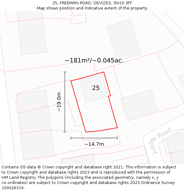 25, FREEMAN ROAD, DEVIZES, SN10 3FF: Plot and title map