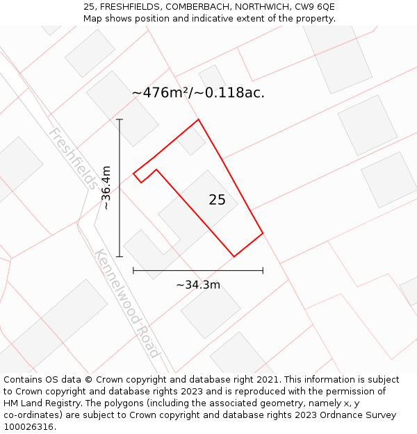 25, FRESHFIELDS, COMBERBACH, NORTHWICH, CW9 6QE: Plot and title map