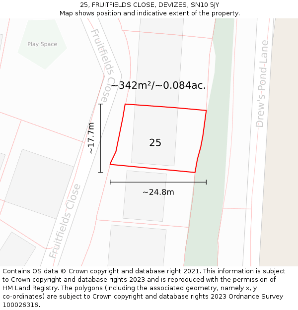 25, FRUITFIELDS CLOSE, DEVIZES, SN10 5JY: Plot and title map