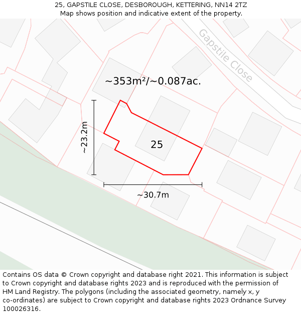 25, GAPSTILE CLOSE, DESBOROUGH, KETTERING, NN14 2TZ: Plot and title map