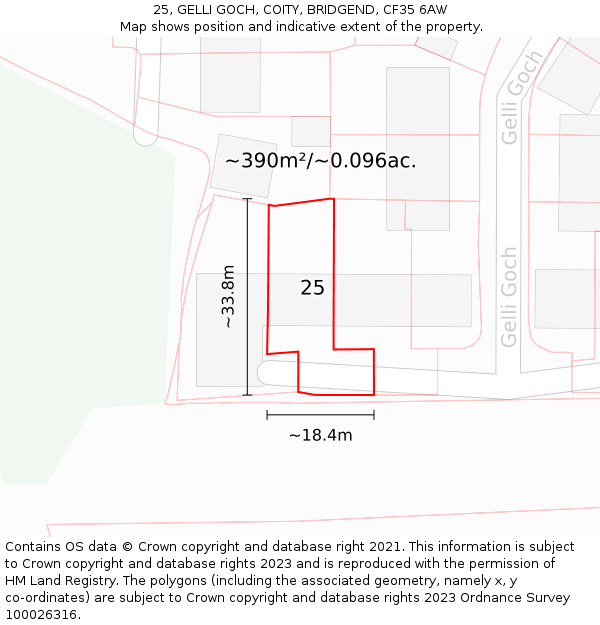 25, GELLI GOCH, COITY, BRIDGEND, CF35 6AW: Plot and title map