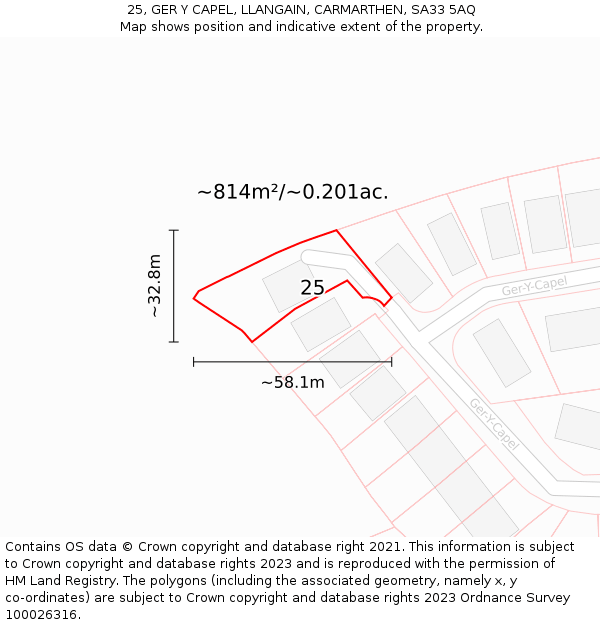 25, GER Y CAPEL, LLANGAIN, CARMARTHEN, SA33 5AQ: Plot and title map