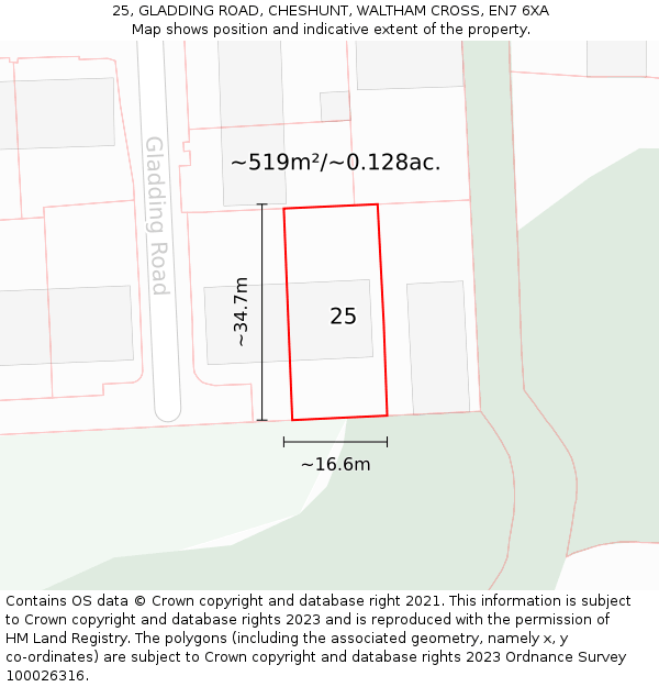 25, GLADDING ROAD, CHESHUNT, WALTHAM CROSS, EN7 6XA: Plot and title map