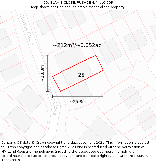 25, GLAMIS CLOSE, RUSHDEN, NN10 0QP: Plot and title map