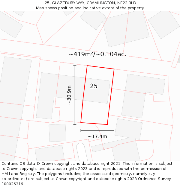 25, GLAZEBURY WAY, CRAMLINGTON, NE23 3LD: Plot and title map