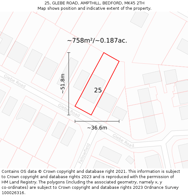25, GLEBE ROAD, AMPTHILL, BEDFORD, MK45 2TH: Plot and title map
