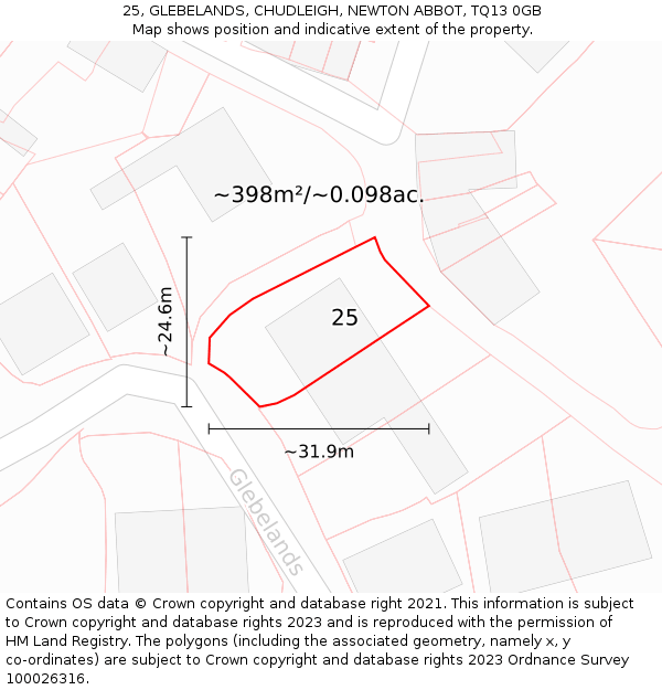 25, GLEBELANDS, CHUDLEIGH, NEWTON ABBOT, TQ13 0GB: Plot and title map