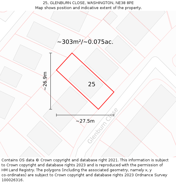 25, GLENBURN CLOSE, WASHINGTON, NE38 8PE: Plot and title map