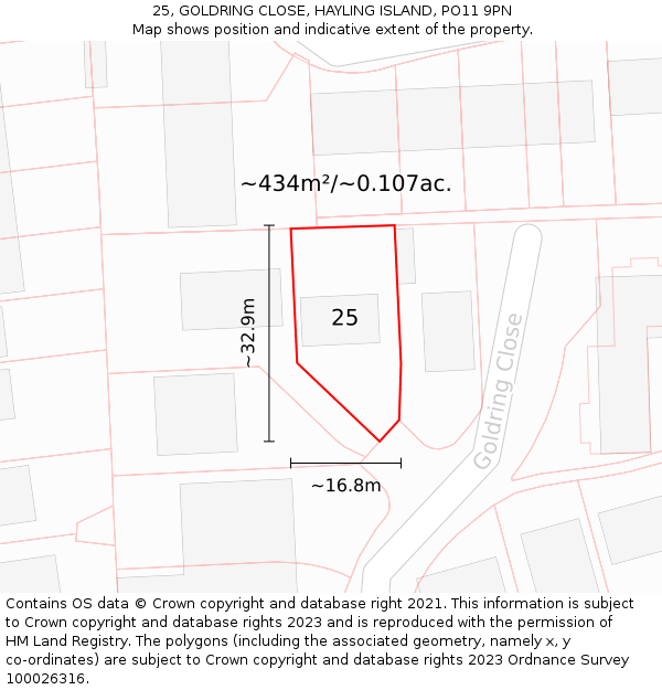 25, GOLDRING CLOSE, HAYLING ISLAND, PO11 9PN: Plot and title map