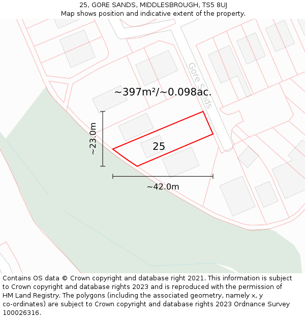 25, GORE SANDS, MIDDLESBROUGH, TS5 8UJ: Plot and title map