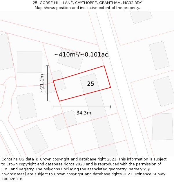 25, GORSE HILL LANE, CAYTHORPE, GRANTHAM, NG32 3DY: Plot and title map