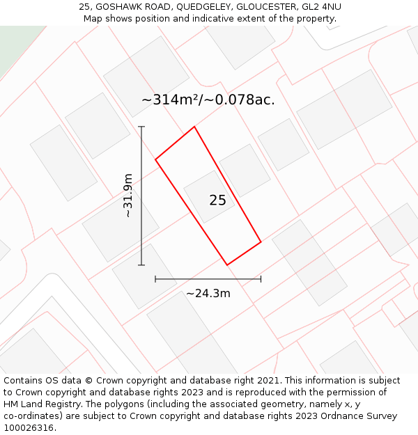 25, GOSHAWK ROAD, QUEDGELEY, GLOUCESTER, GL2 4NU: Plot and title map