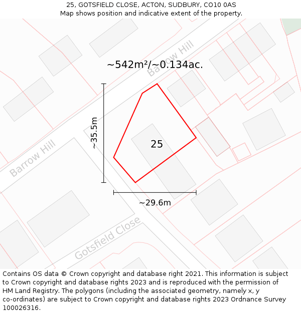 25, GOTSFIELD CLOSE, ACTON, SUDBURY, CO10 0AS: Plot and title map