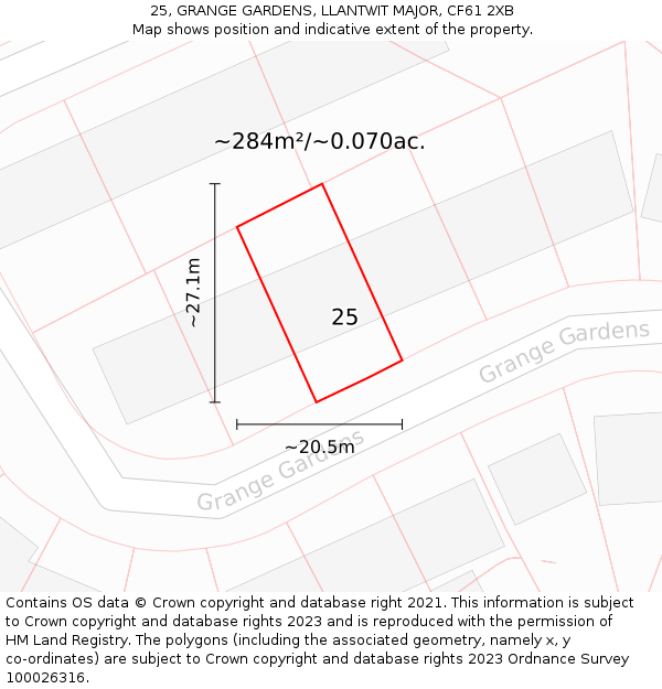 25, GRANGE GARDENS, LLANTWIT MAJOR, CF61 2XB: Plot and title map