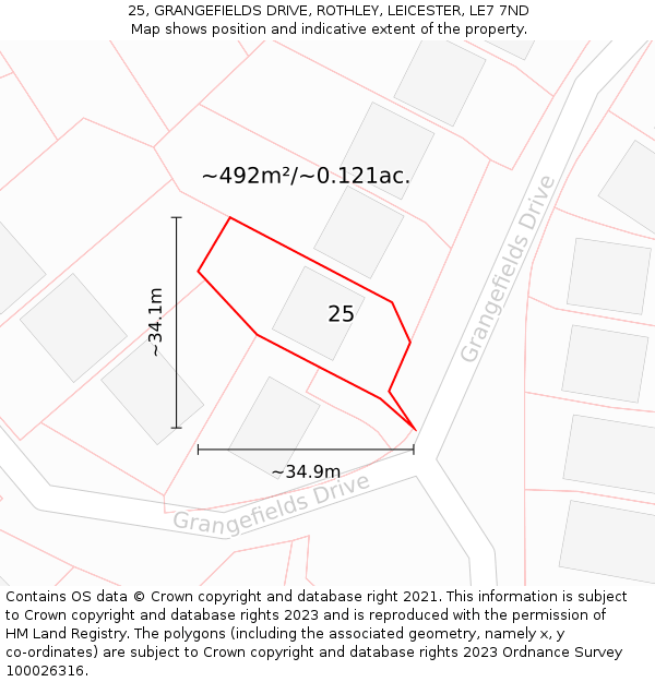25, GRANGEFIELDS DRIVE, ROTHLEY, LEICESTER, LE7 7ND: Plot and title map