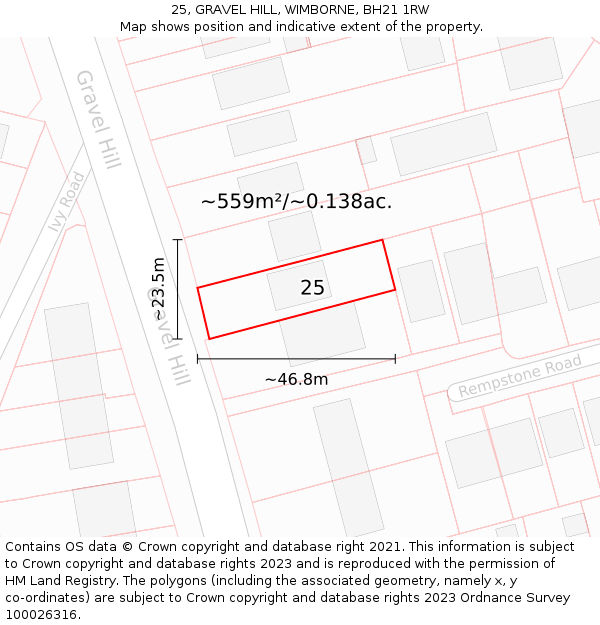 25, GRAVEL HILL, WIMBORNE, BH21 1RW: Plot and title map