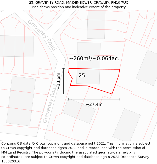25, GRAVENEY ROAD, MAIDENBOWER, CRAWLEY, RH10 7UQ: Plot and title map