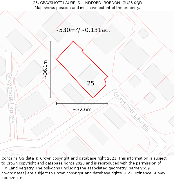 25, GRAYSHOTT LAURELS, LINDFORD, BORDON, GU35 0QB: Plot and title map